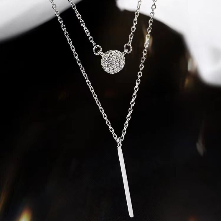 925 Sterling Silver Double Chain Necklace – Long Stick with Micro Pave Zircon Round Pendant