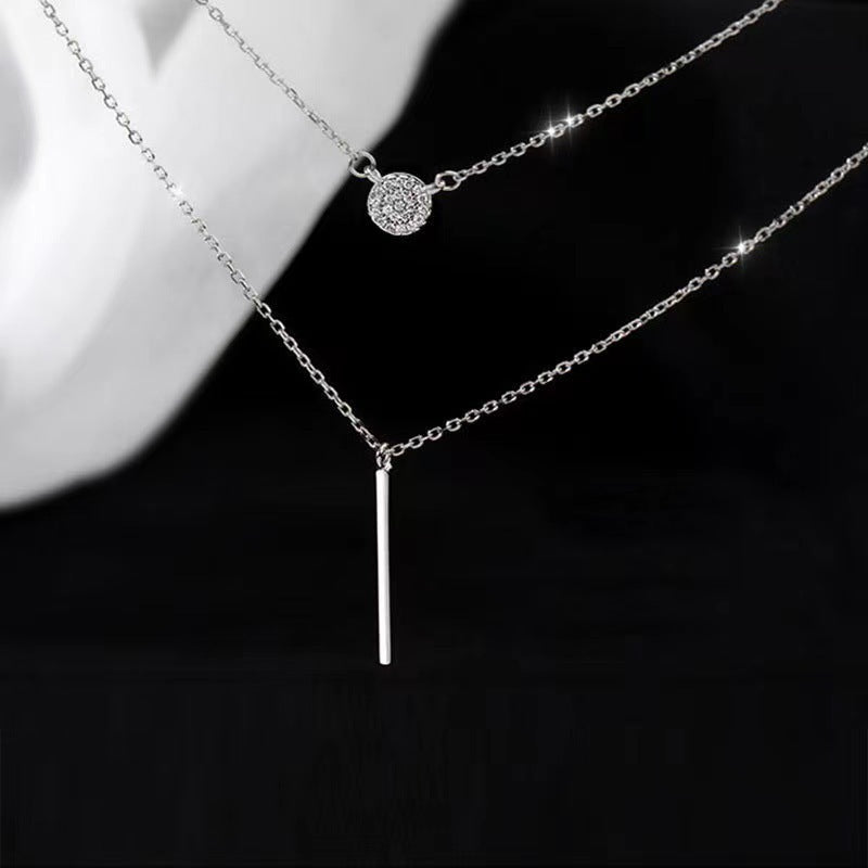 925 Sterling Silver Double Chain Necklace – Long Stick with Micro Pave Zircon Round Pendant