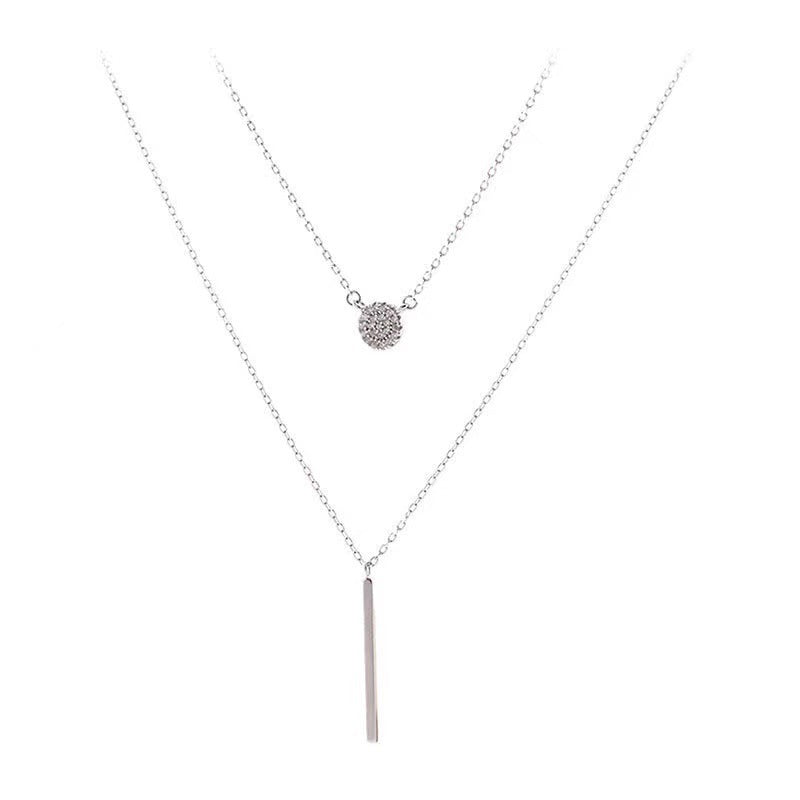 925 Sterling Silver Double Chain Necklace – Long Stick with Micro Pave Zircon Round Pendant