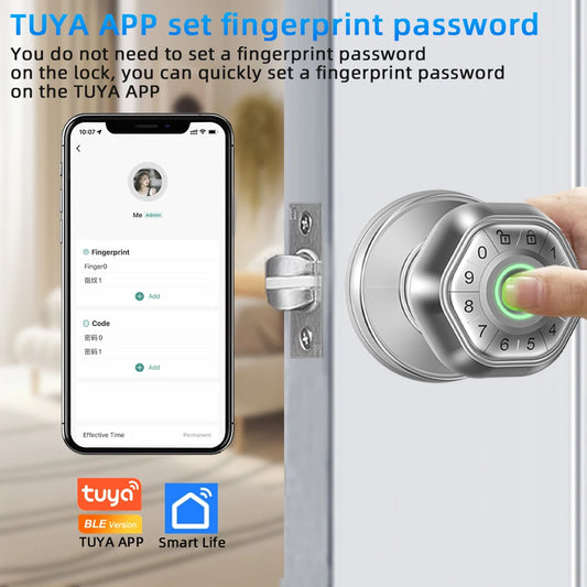 Smart Fingerprint Door Lock - Round Knob with Password, Key, and App Unlock