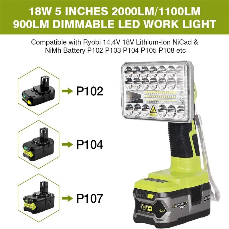 Ryobi 18V Cordless LED Work Light - 18W Portable Spotlight with Pivoting Head