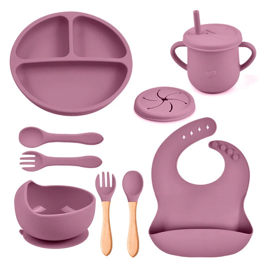 8PCS Baby Feeding Set - Waterproof Bib, Antislip Bowl, Sucker Plate & More